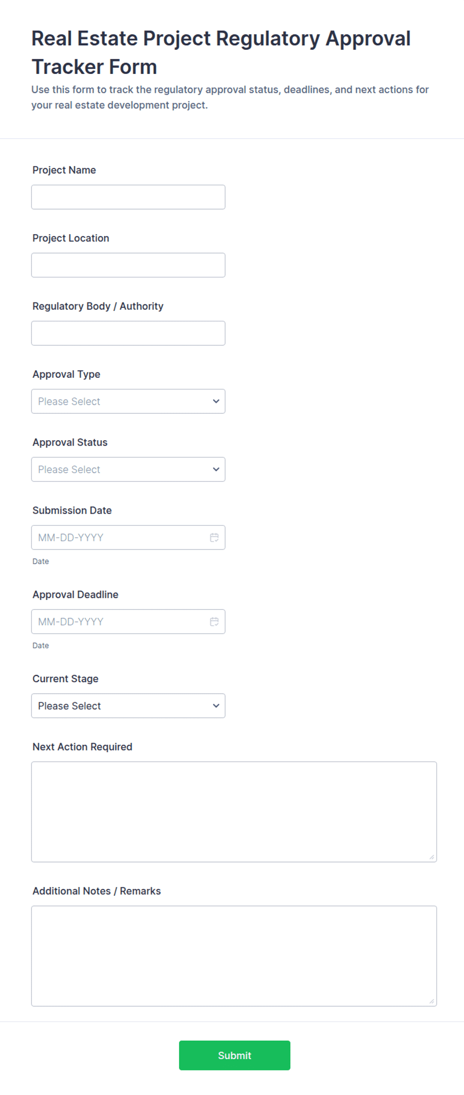 Real Estate Project Regulatory Approval Tracker Form Template | Jotform