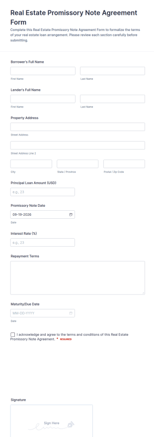 Real Estate Promissory Note Agreement Form Template