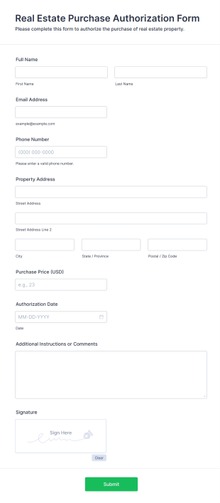 Real Estate Purchase Authorization Form Form Template