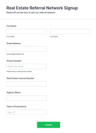 Real Estate Referral Network Signup Form Template