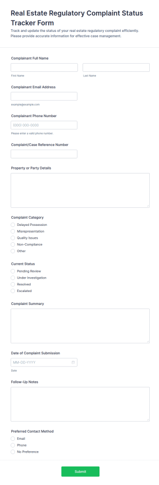 Real Estate Regulatory Complaint Status Tracker Form Template