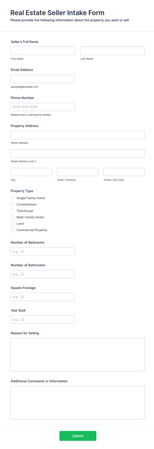 Real Estate Seller Intake Form Template