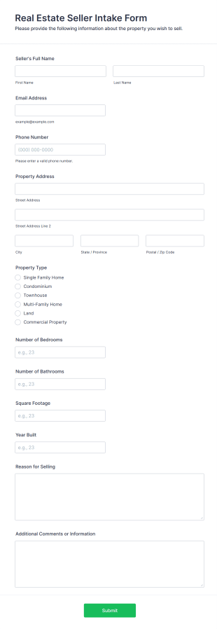 Real Estate Seller Intake Form Form Template