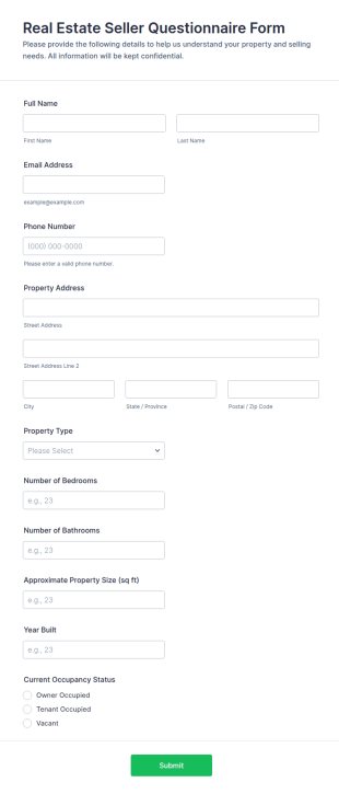 Real Estate Seller Questionnaire Form Template