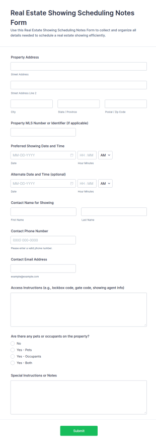 Real Estate Showing Scheduling Notes Form Template