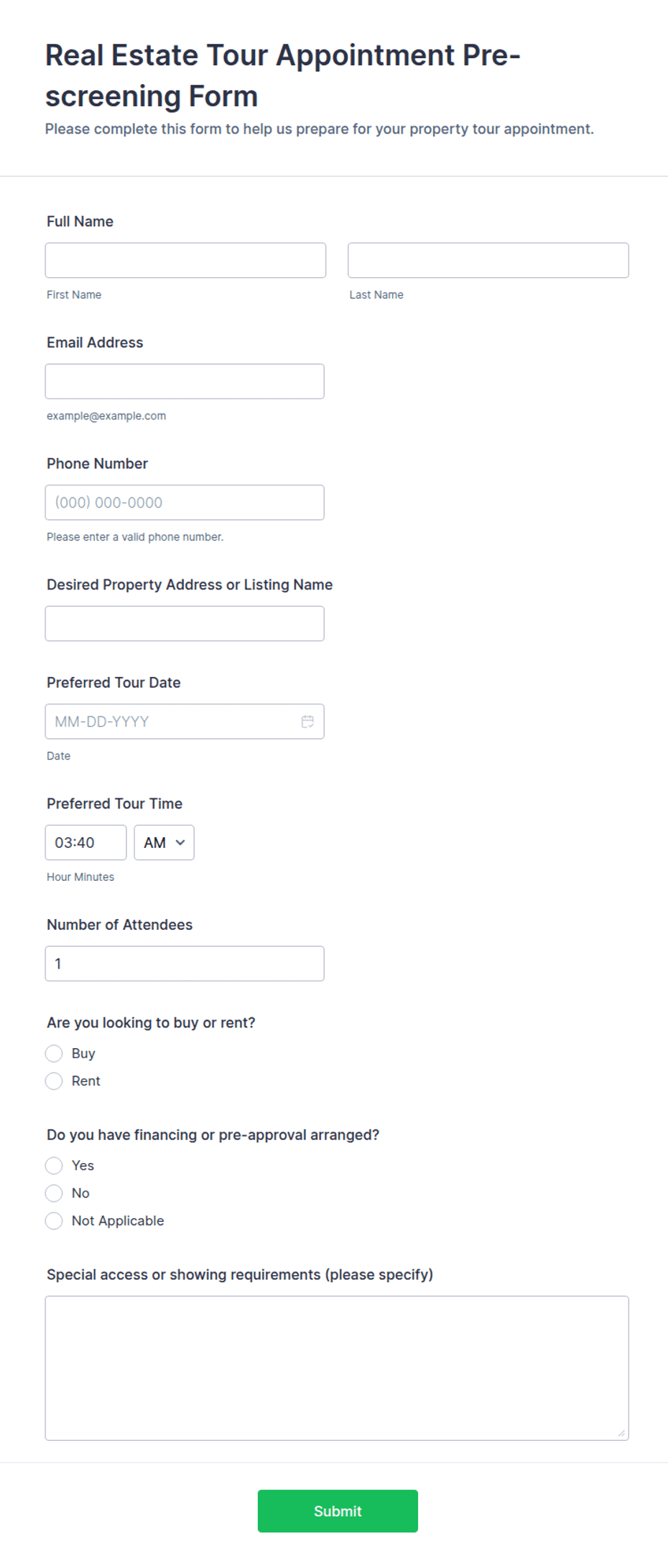 Pre Appointment Questionnaire.pdf Real Estate Tour Appointment Pre-screening Form Template | Jotform