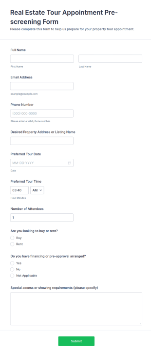 Real Estate Tour Appointment Pre Screening Form Template