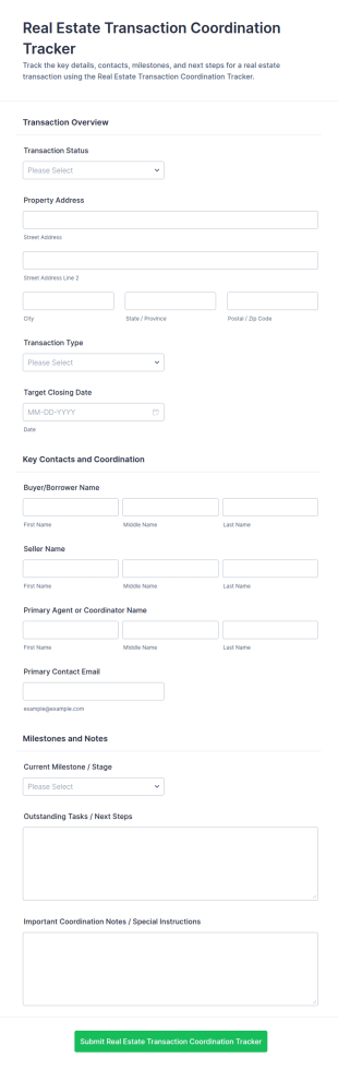 Real Estate Transaction Coordination Tracker Form Template