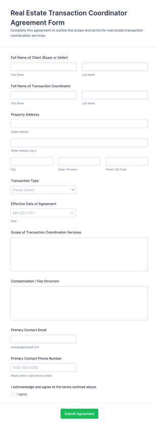 Real Estate Transaction Coordinator Agreement Form Template