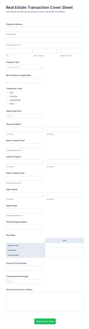 Real Estate Transaction Cover Sheet Form Template