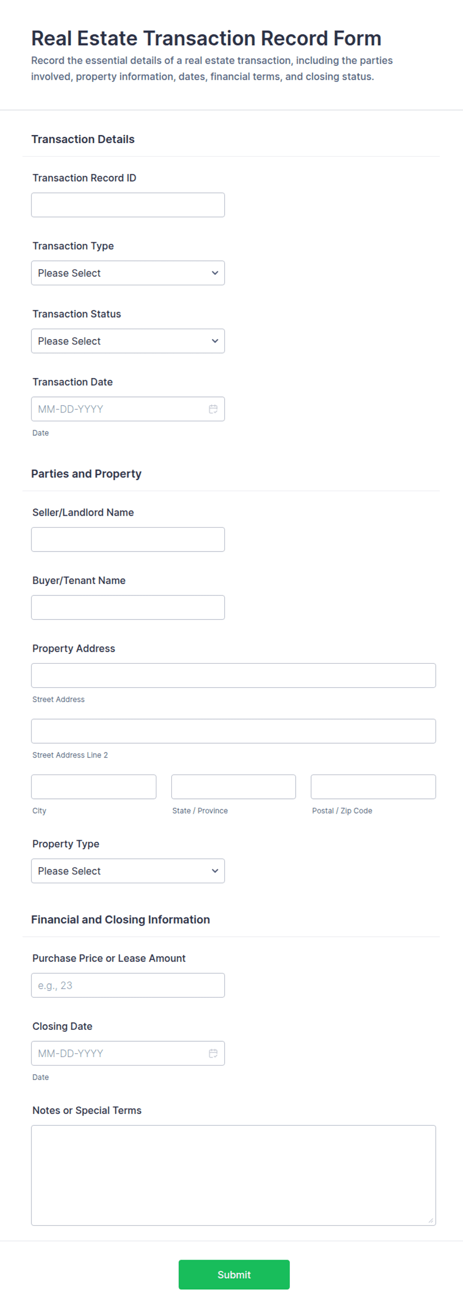 Real Estate Transaction Record Form Template | Jotform