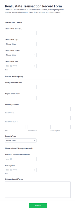 Real Estate Transaction Record Form Template