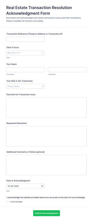 Real Estate Transaction Resolution Acknowledgment Form Template