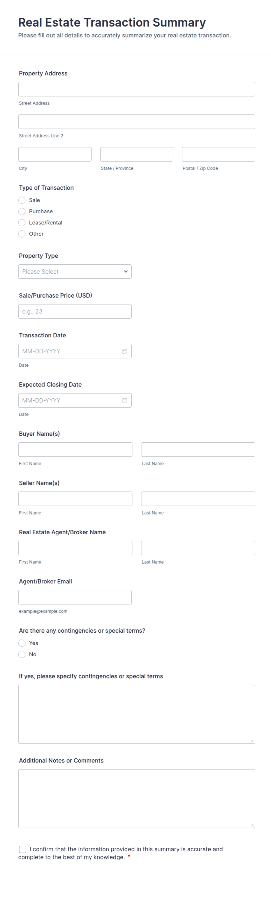 Real Estate Transaction Summary Form Template | Jotform