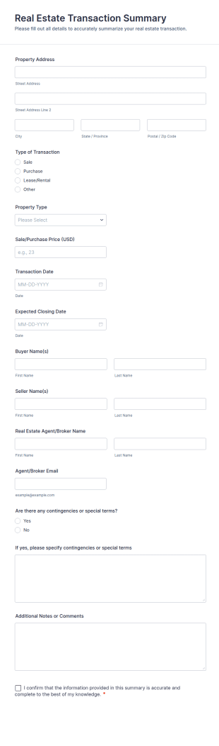Real Estate Transaction Summary Form Template