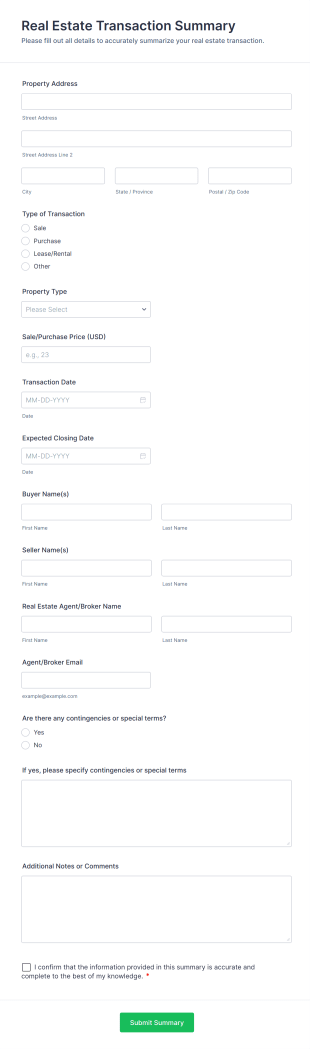 Real Estate Transaction Summary Form Template