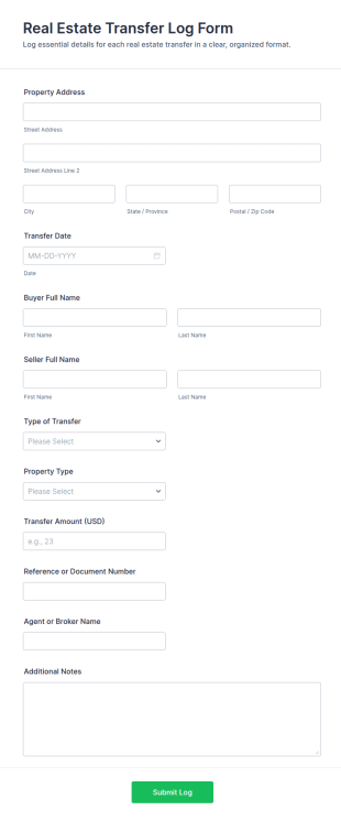 Real Estate Transfer Log Form Template
