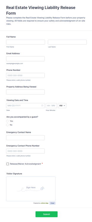 Real Estate Viewing Liability Release Form Template