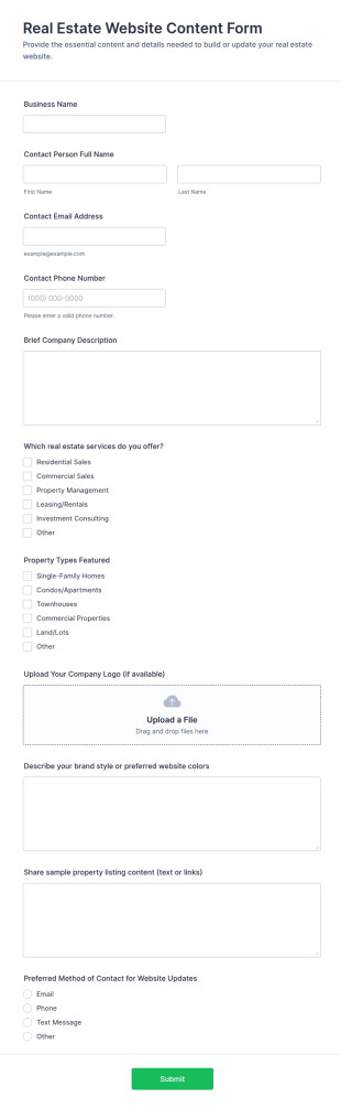 Real Estate Website Content Form Template