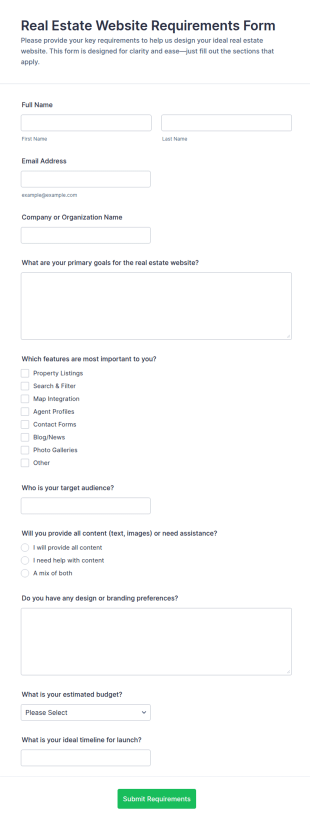 Real Estate Website Requirements Form Template