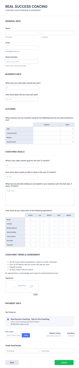 Real Success Coaching Form Template