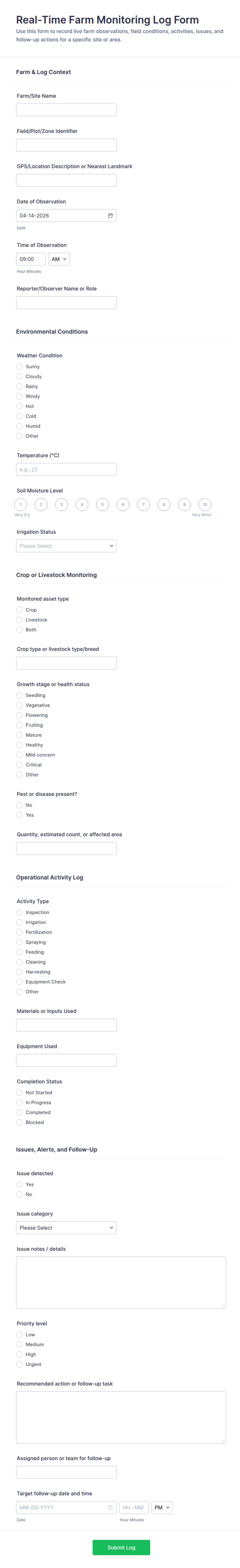 Real-Time Farm Monitoring Log Form Template | Jotform