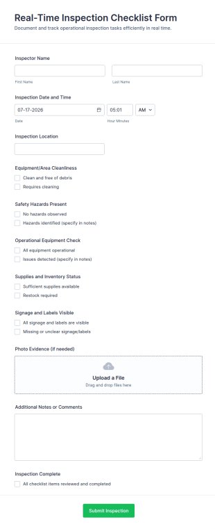 Real Time Inspection Checklist Form Template