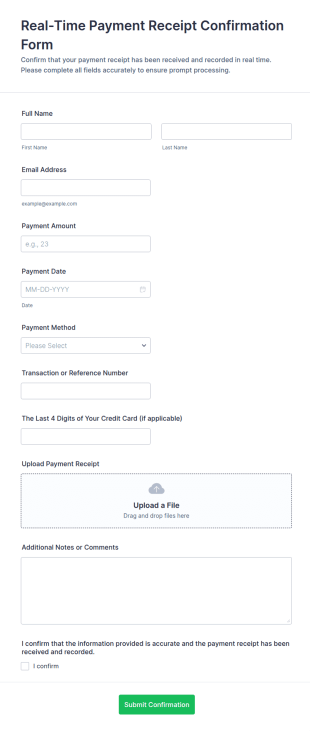 Real Time Payment Receipt Confirmation Form Template