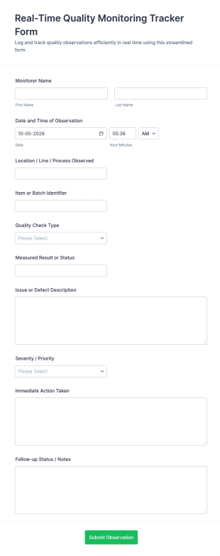 Real Time Quality Monitoring Tracker Form Template