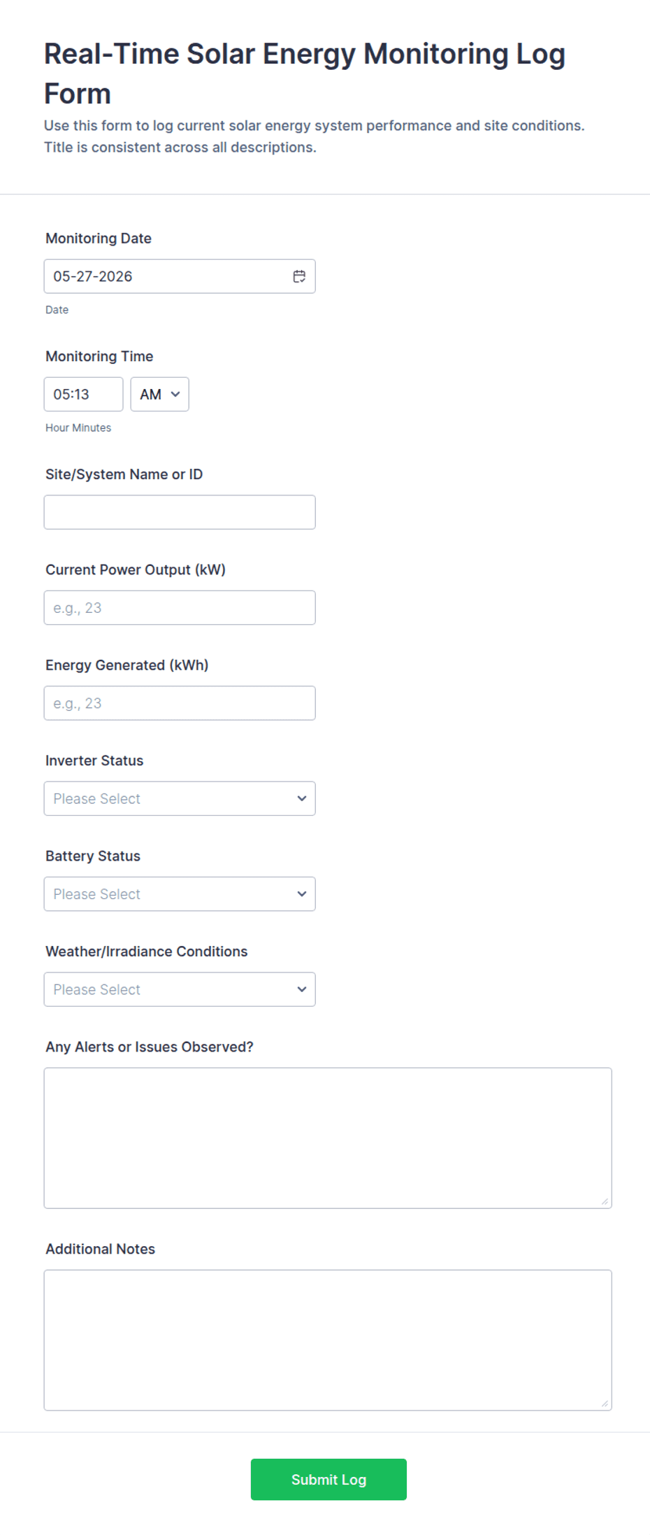 Real-Time Solar Energy Monitoring Log Form Template | Jotform