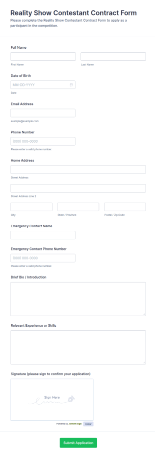 Reality Show Contestant Contract Form Template