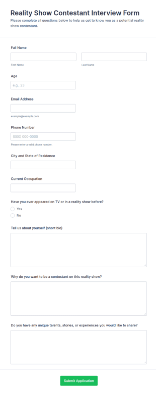 Reality Show Contestant Interview Form Template