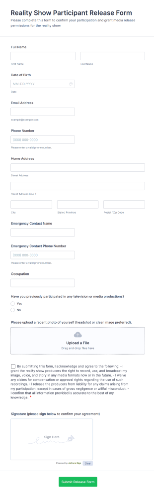 Reality Show Participant Release Form Template