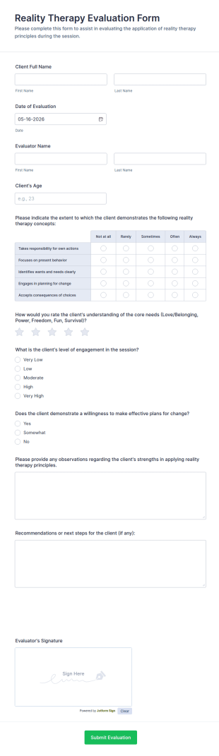 Reality Therapy Evaluation Form Template