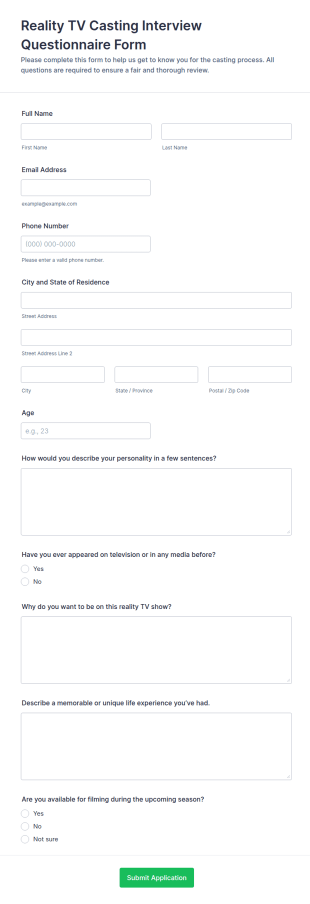 Reality TV Casting Interview Questionnaire Form Template