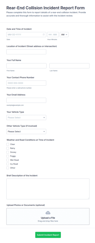 Rear End Collision Incident Report Form Template