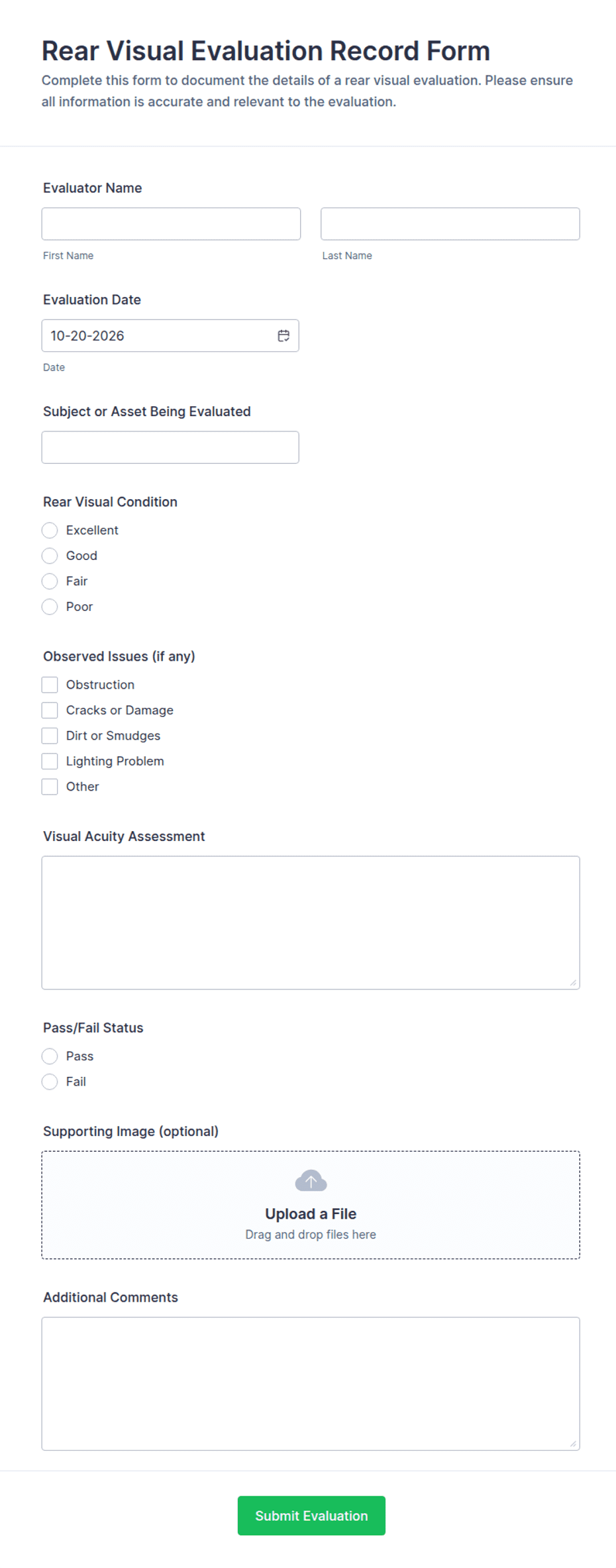Rear Visual Evaluation Record Form Template | Jotform