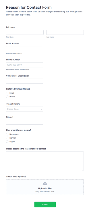 Reason For Contact Form Template