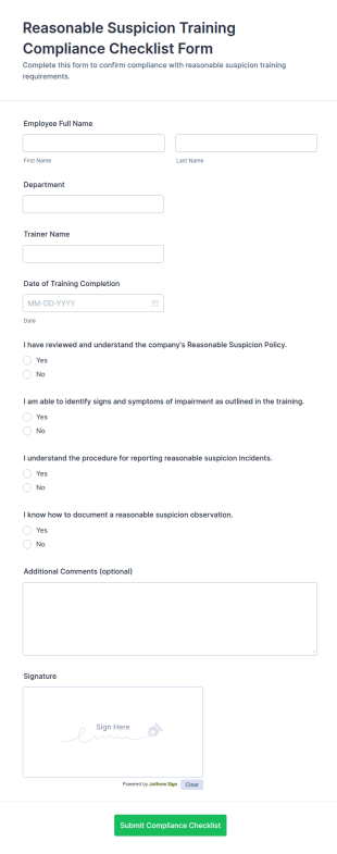 Reasonable Suspicion Training Compliance Checklist Form Template