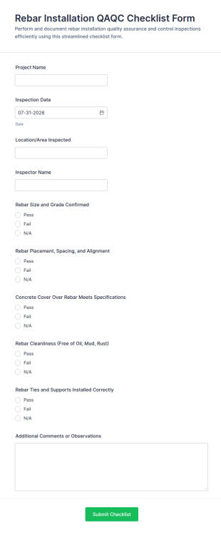 Rebar Installation QAQC Checklist Form Template
