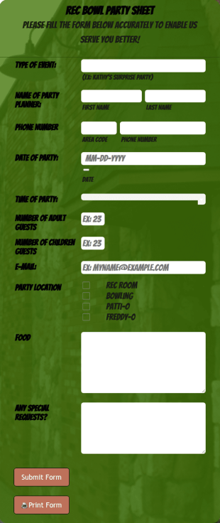 Rec Bowl Party Sheet Form Template