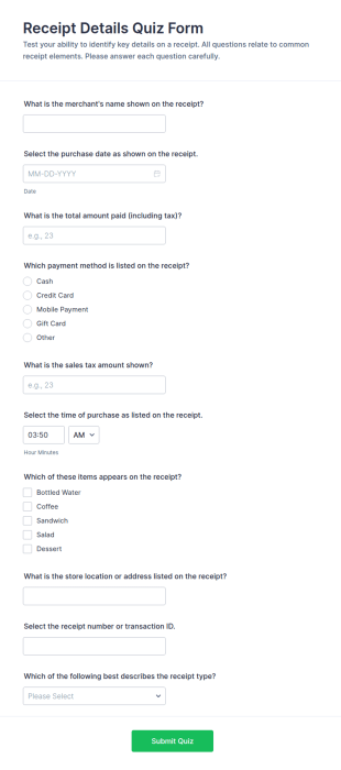 Receipt Details Quiz Form Template
