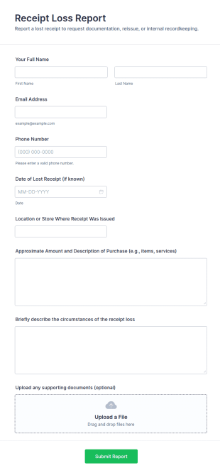 Receipt Loss Report Form Template