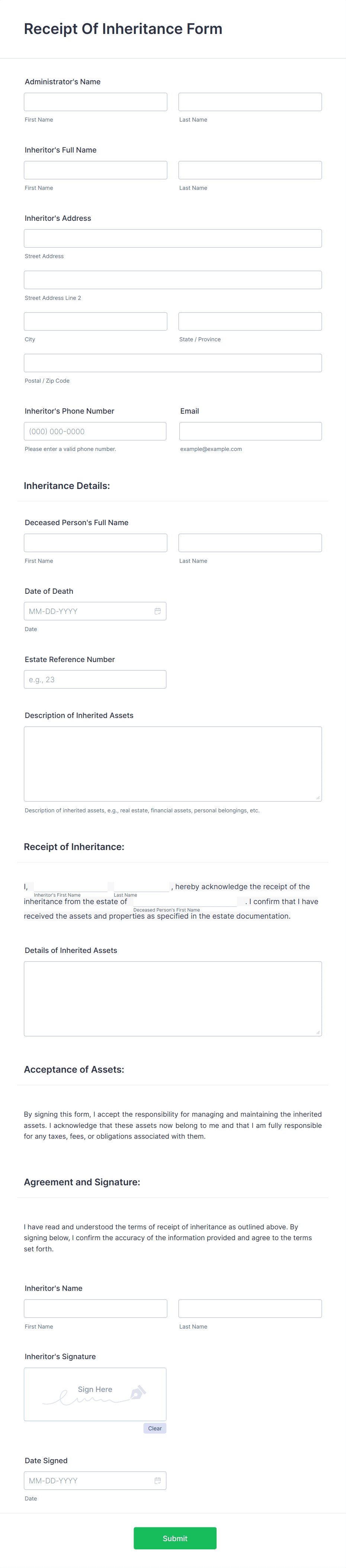 Receipt Of Inheritance Form Template 