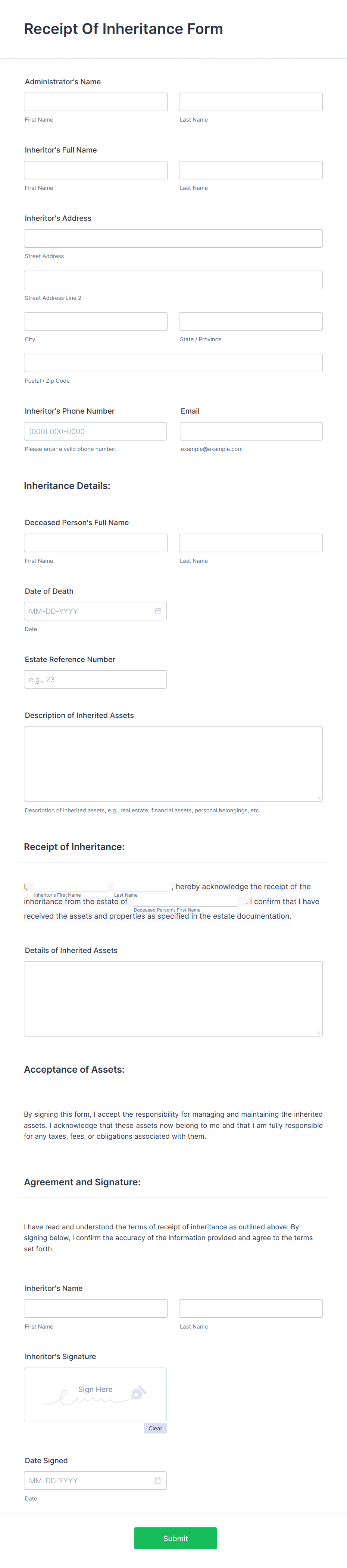 Receipt Of Inheritance Form Template | Jotform