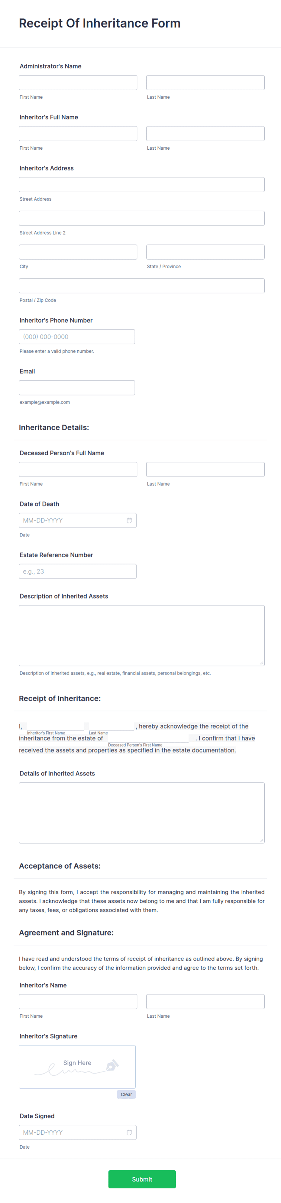 Receipt Of Inheritance Form Template | Jotform