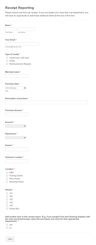 Receipt Reporting Form Template