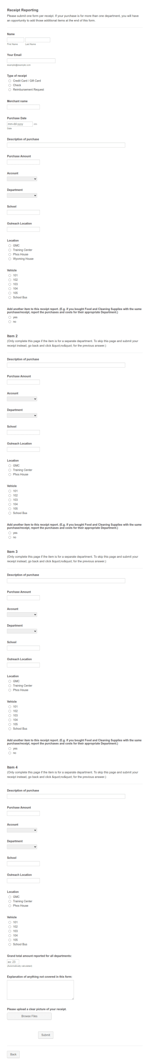 Receipt Reporting Form Template