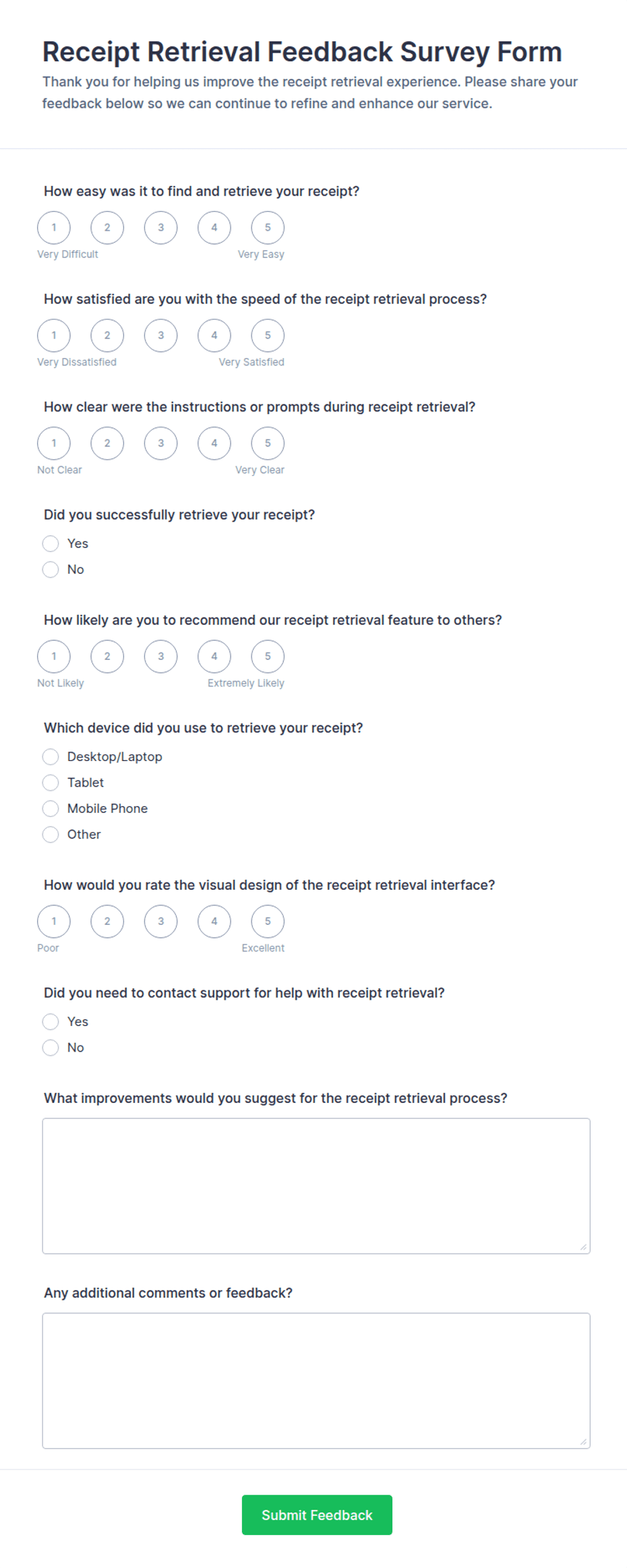 Receipt Retrieval Feedback Survey Form Template | Jotform