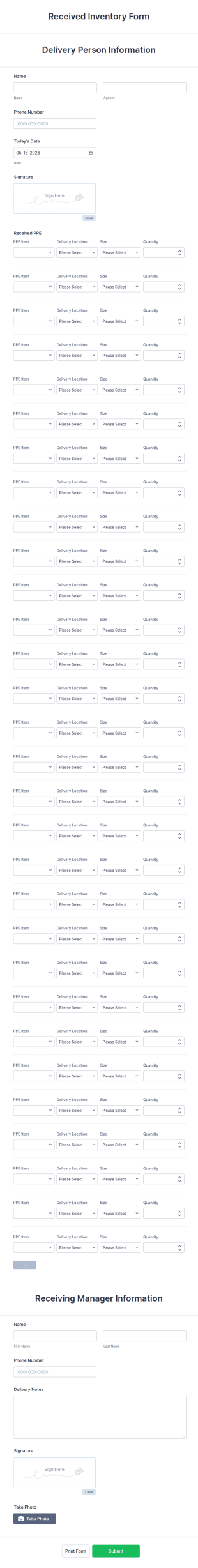 Received Inventory Form Template